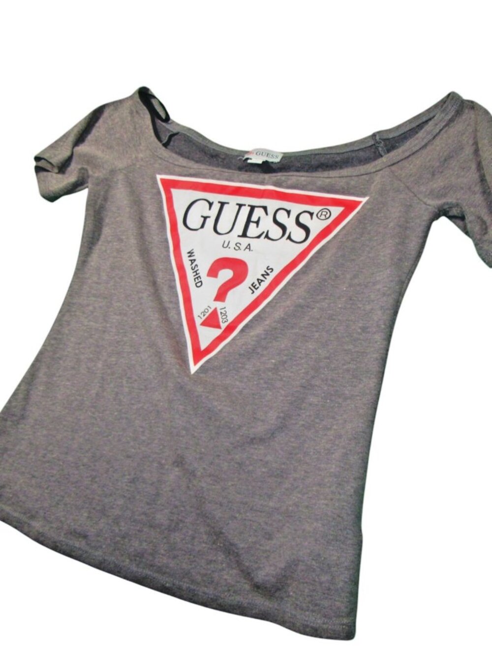 Guess Jeans Grey Original Logo Off The Shoulder Scoop Neck Womens Shirt Size M